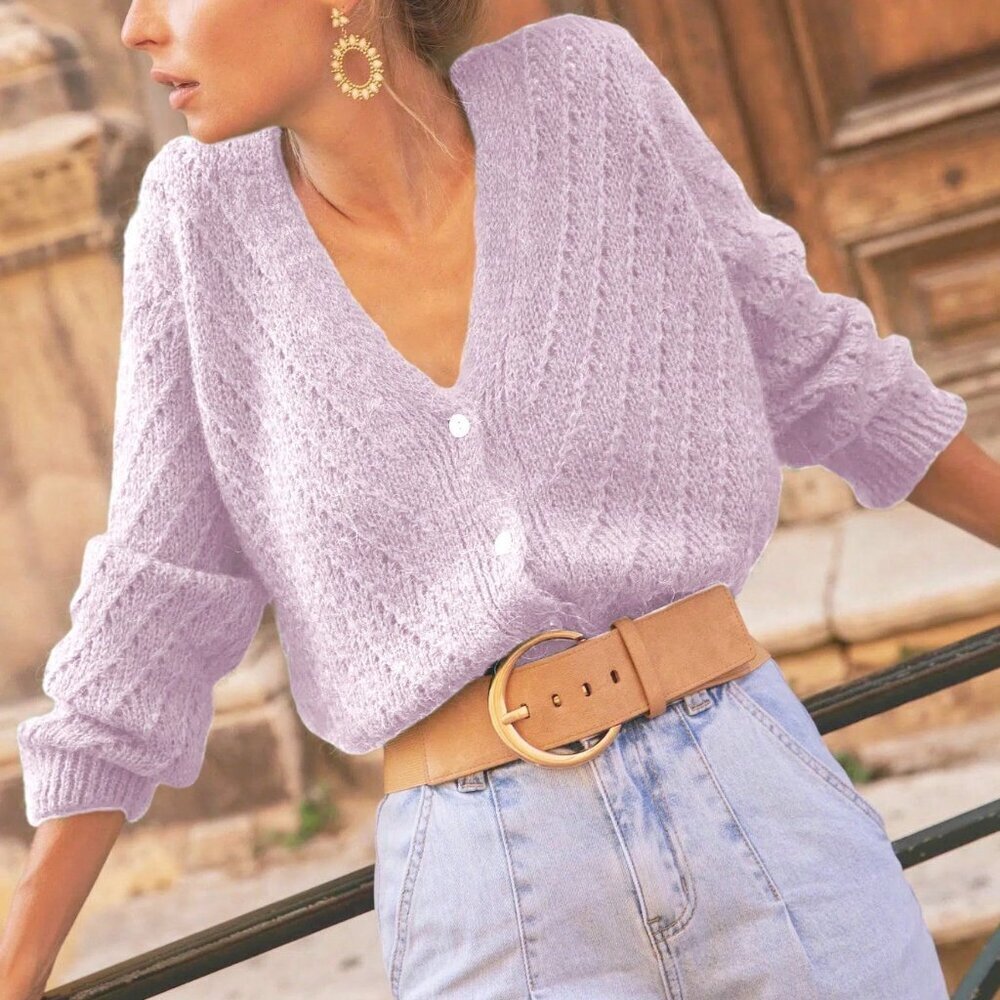 Lilac Purple Casual Women's Cardigan Long Sleeve Knit Top Sweater Jacket